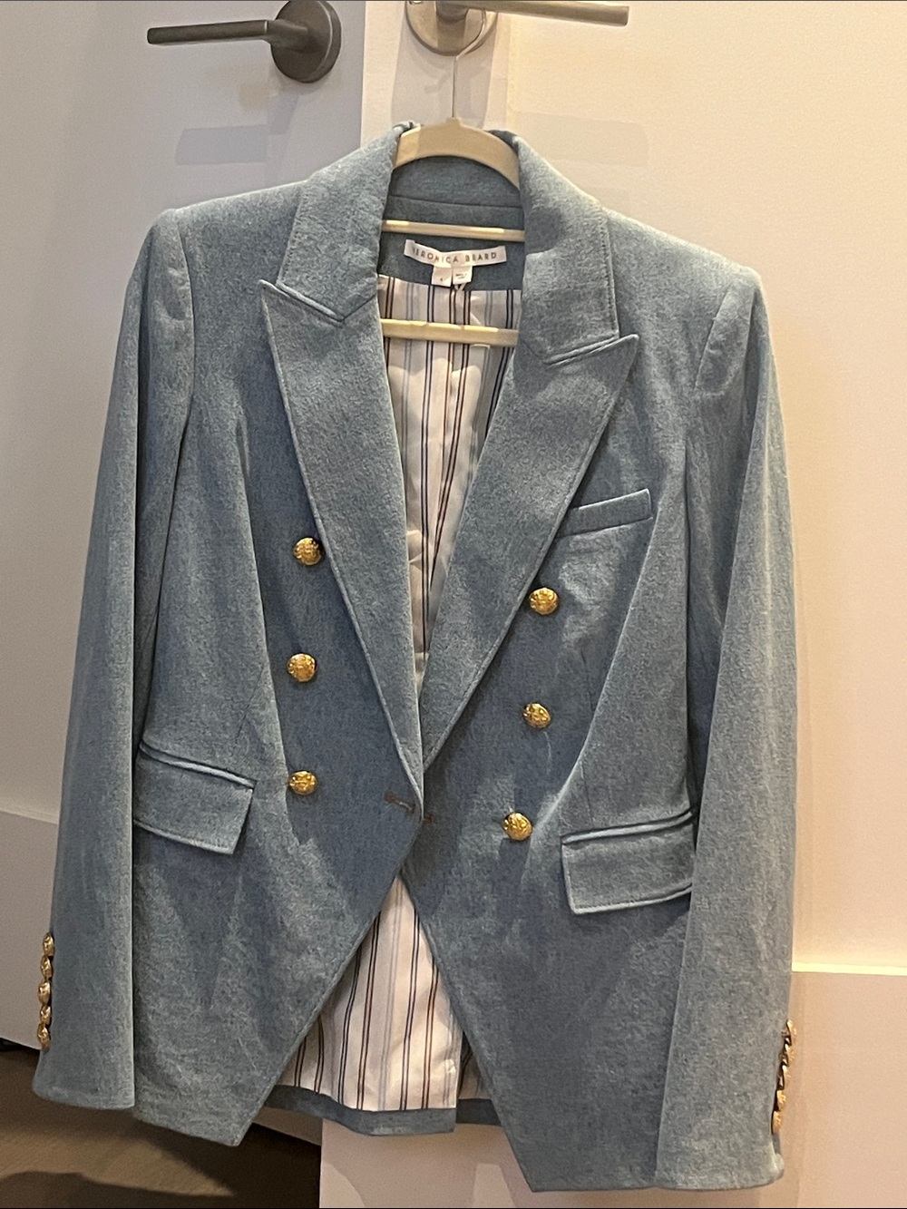 Veronica Beard Miller Dickey Denim Double-Breasted Blazer with Gold Buttons